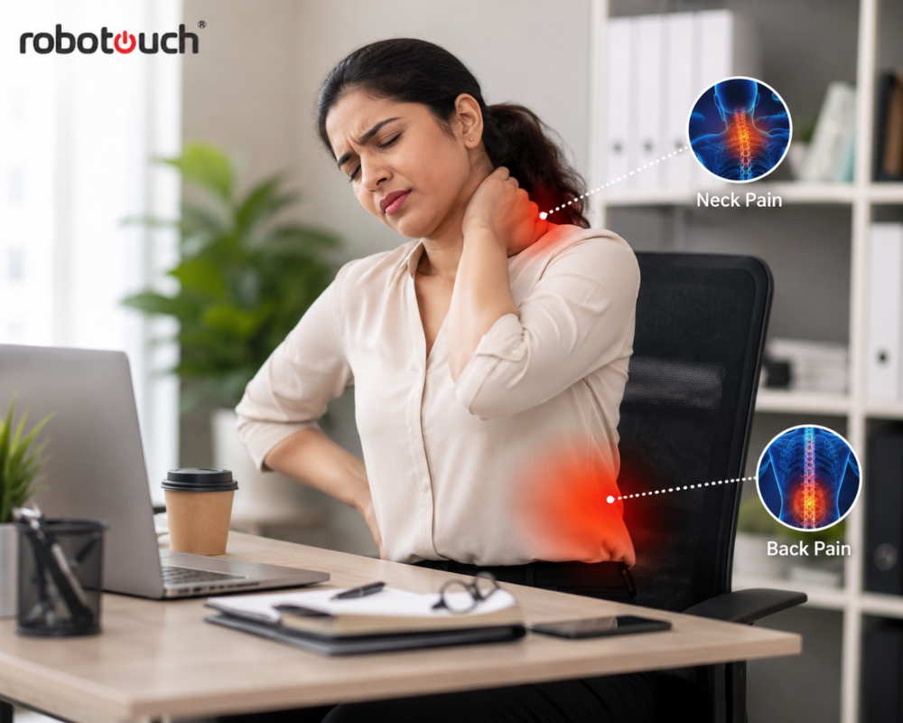 Employee experiencing back pain after long hours at office desk