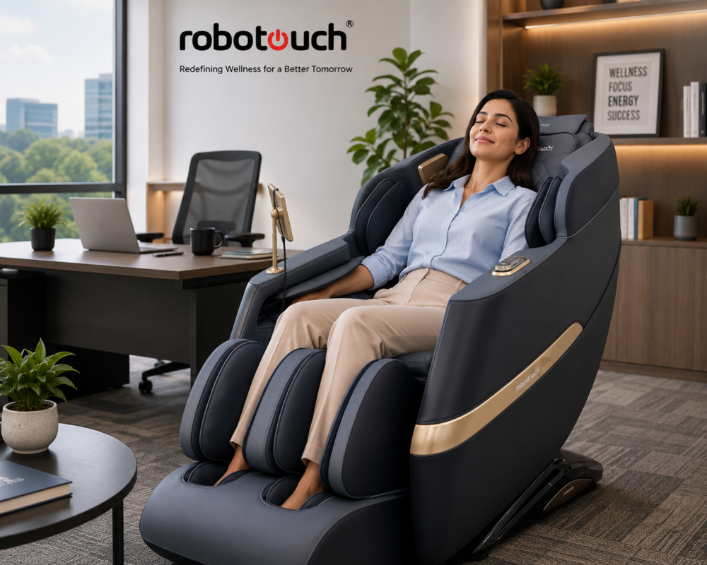 Employee using an office massage chair during a workplace wellness break