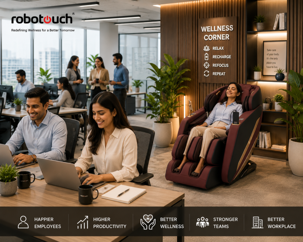Modern workplace with office massage chair promoting employee wellness