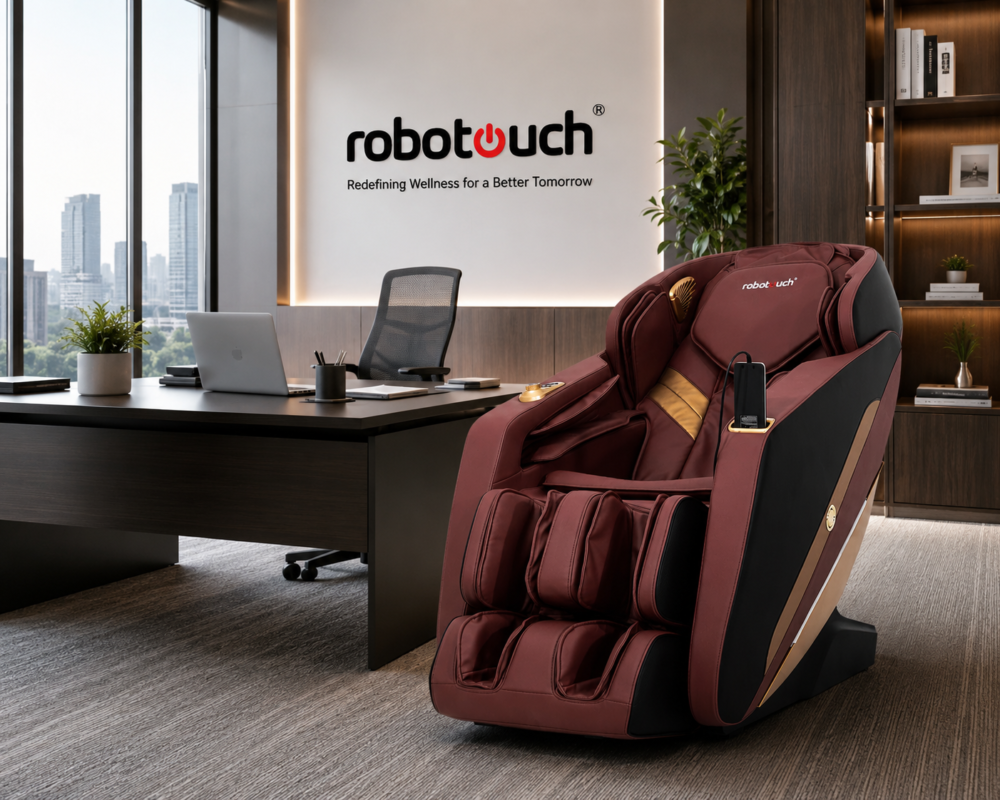 Full body office massage chair in a modern corporate workspace